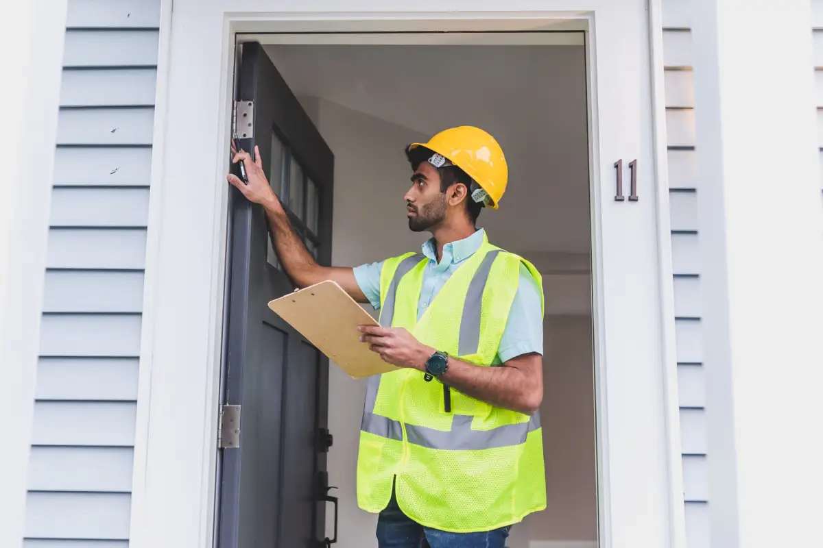 Contractor in a hard hat and safety vest holding a clipboard in the doorway of a house during a walkthrough