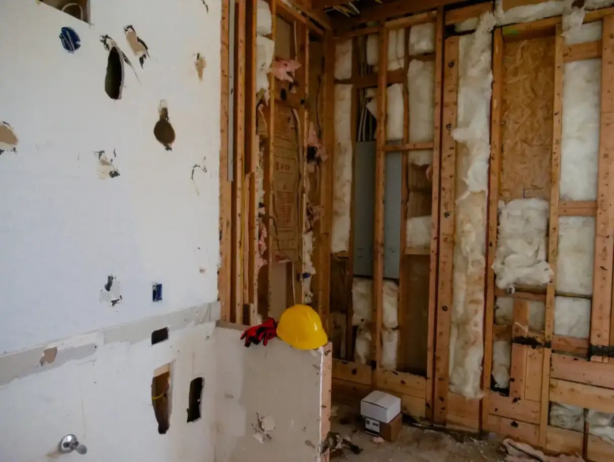 Damaged drywall removed leaving the studs and cavity exposed