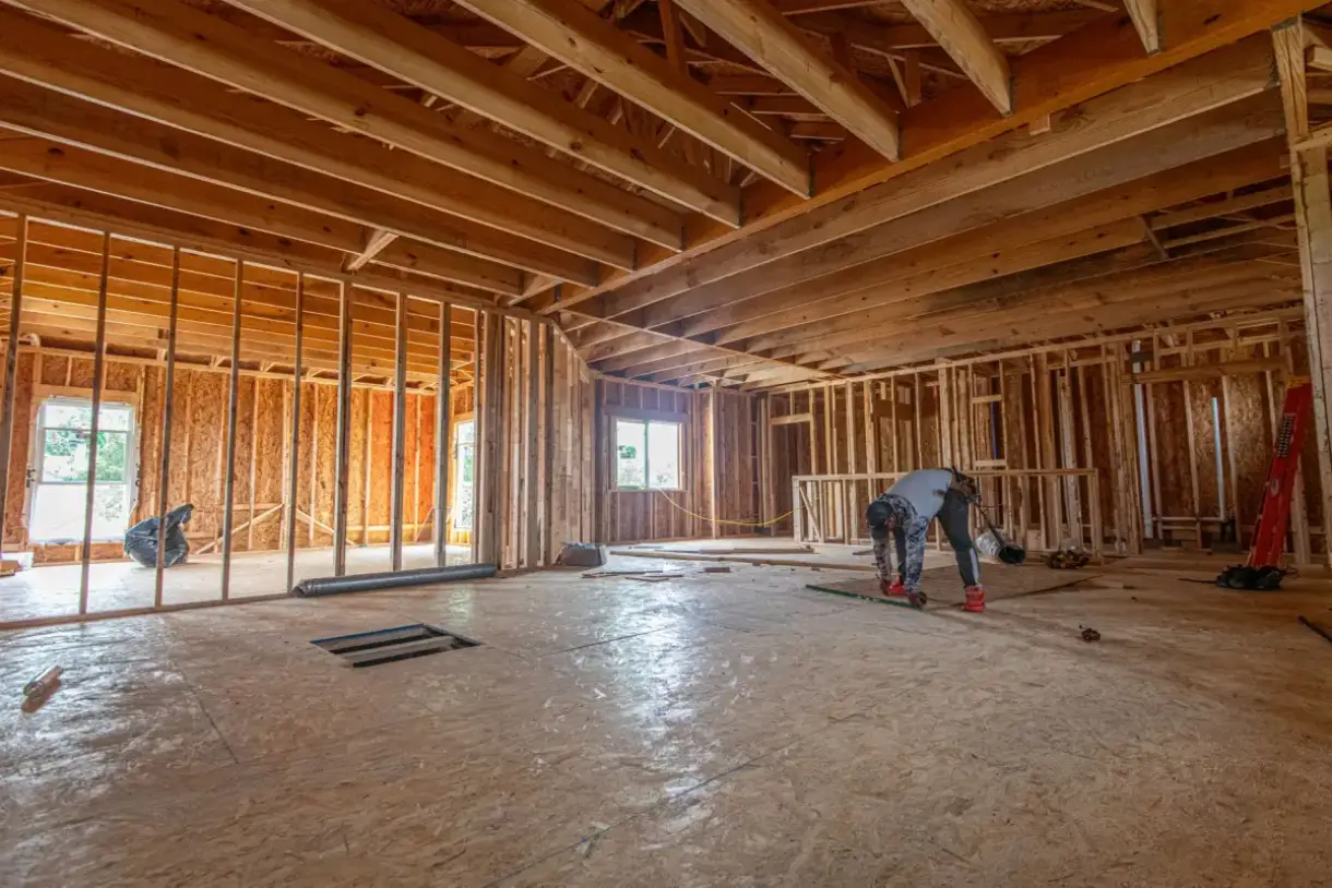 Metal stud partition framing set out before drywall is hung