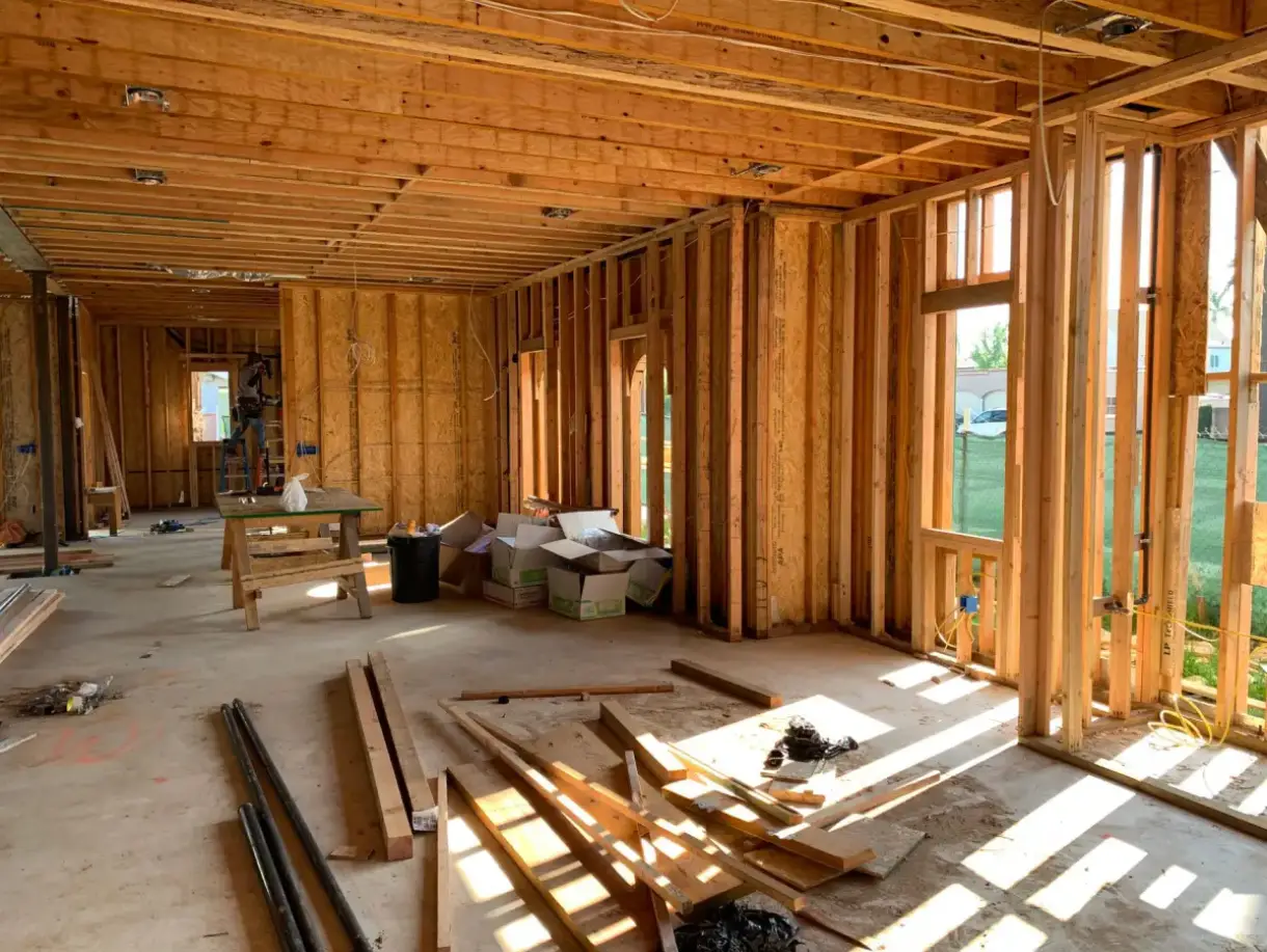 Interior partition framing laid out for a tenant build-out ahead of boarding